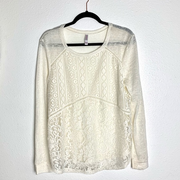 Lace long sleeve tee shirt off white boho top large XL Medium - Picture 2 of 4